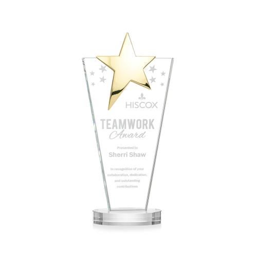 Awards and Plaques - Crystal Trophies - Mantella Gold Star Clear Polygon Crystal Trophy