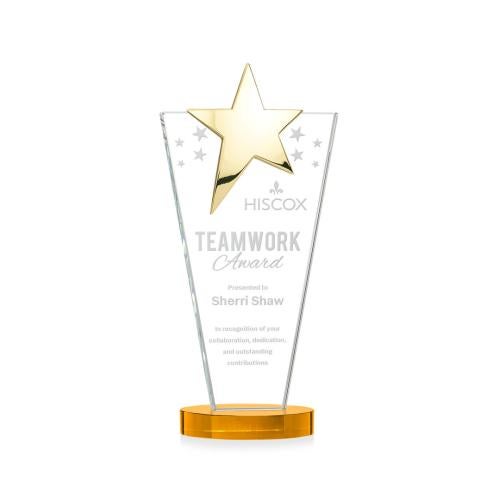 Awards and Plaques - Crystal Trophies - Mantella Gold Star Amber Polygon Crystal Trophy