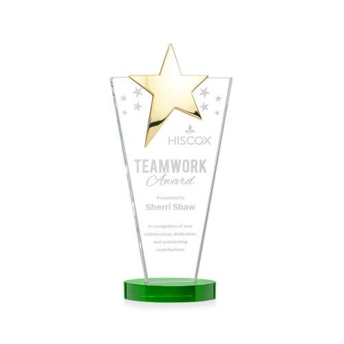 Awards and Plaques - Crystal Trophies - Mantella Gold Star Green Polygon Crystal Trophy