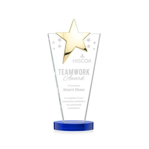 Awards and Plaques - Crystal Trophies - Mantella Gold Star Blue Polygon Crystal Trophy