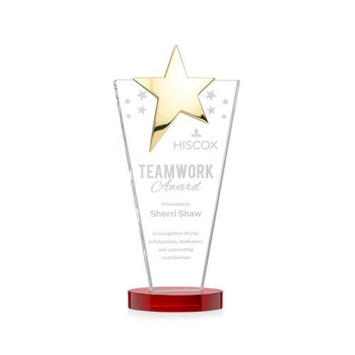 Awards and Plaques - Crystal Trophies - Mantella Gold Star Red Polygon Crystal Trophy