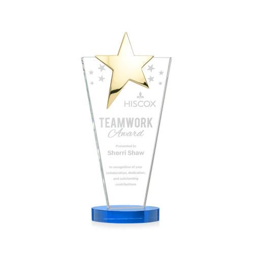 Awards and Plaques - Crystal Trophies - Mantella Gold Star Sky Blue Polygon Crystal Trophy