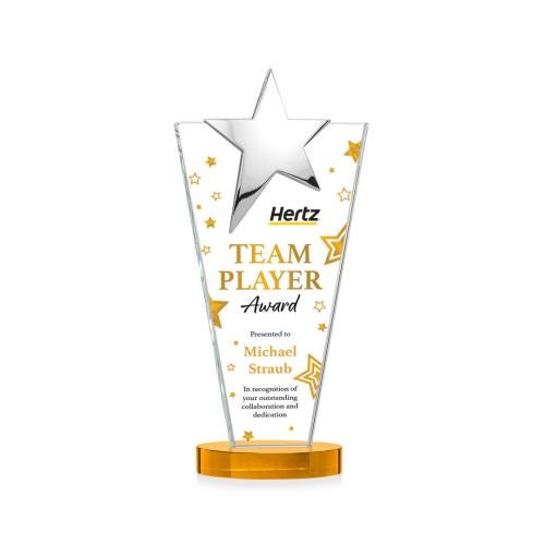Awards and Plaques - Crystal Trophies - Mantella Chrome Star Full Color Amber Polygon Crystal Trophy