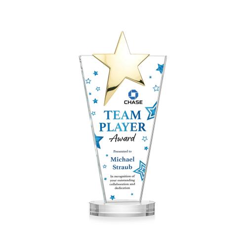 Awards and Plaques - Crystal Trophies - Mantella Gold Star Full Color Clear Polygon Crystal Trophy