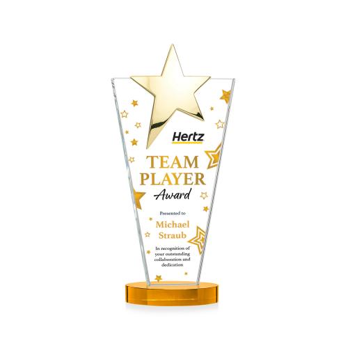 Awards and Plaques - Crystal Trophies - Mantella Gold Star Full Color Amber Polygon Crystal Trophy