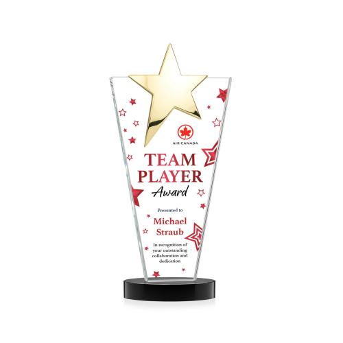 Awards and Plaques - Crystal Trophies - Mantella Gold Star Full Color Black Polygon Crystal Trophy