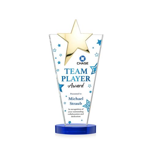 Awards and Plaques - Crystal Trophies - Mantella Gold Star Full Color Blue Polygon Crystal Trophy