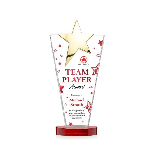 Awards and Plaques - Crystal Trophies - Mantella Gold Star Full Color Red Polygon Crystal Trophy