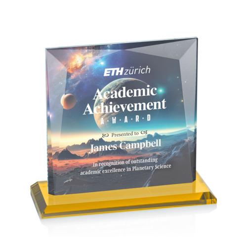 Awards and Plaques - Crystal Trophies - Paulson Full Color Amber Square / Cube Crystal Trophy