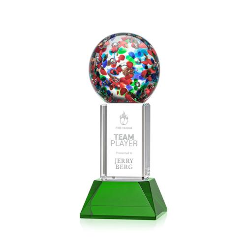 Awards and Plaques - Glass Trophies - Art Glass Trophies - Knapp on Tower Base Green Globe Glass Trophy