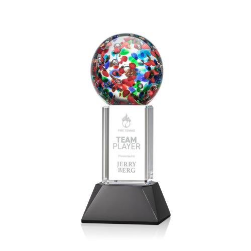 Awards and Plaques - Glass Trophies - Art Glass Trophies - Knapp on Tower Base Black Globe Glass Trophy
