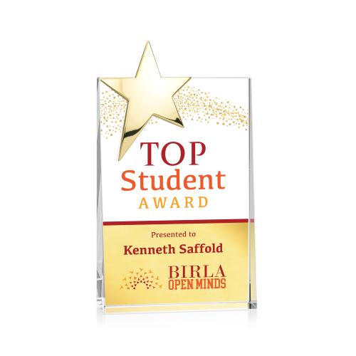 Awards and Plaques - Crystal Trophies - Denham Star Full Color Gold Rectangle Crystal Trophy