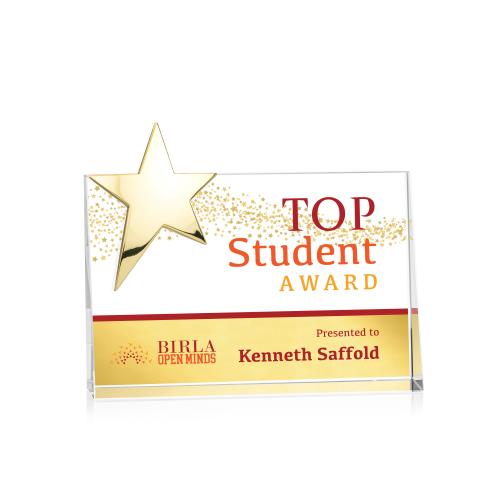 Awards and Plaques - Crystal Trophies - Denham Star Full Color Gold Rectangle Crystal Trophy
