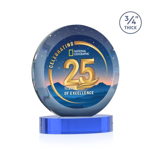 Awards and Plaques - Crystal Trophies - Delarosa Vividprint&trade; on Alberton Base Sky Blue Circle Crystal Trophy