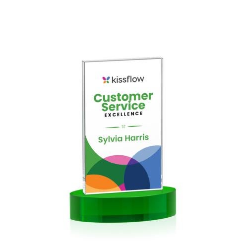 Awards and Plaques - Crystal Trophies - Riggs Full Color on Alberton Base Green Rectangle Crystal Trophy