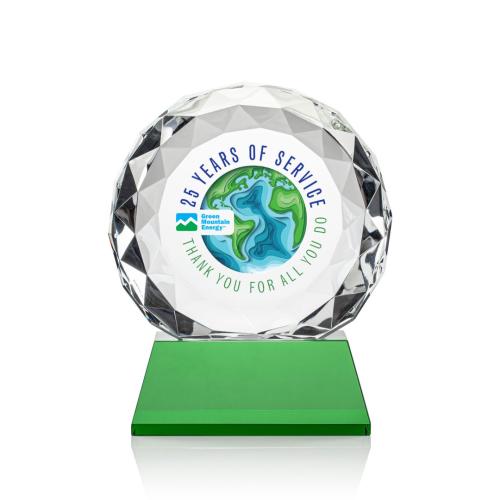 Awards and Plaques - Crystal Trophies - Milton Full Color on Helton Base Green Circle Crystal Trophy
