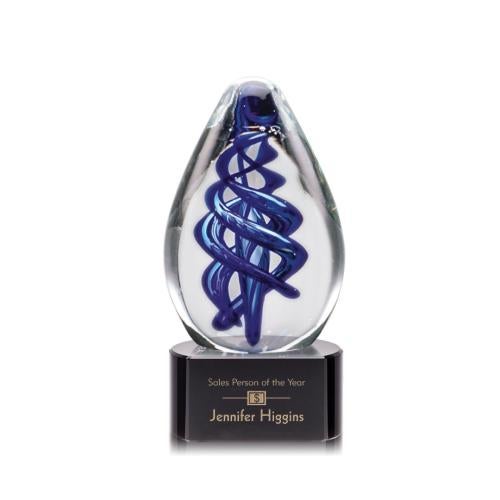 Awards and Plaques - Glass Trophies - Art Glass Trophies - Sexton on Half Round Base Black Tear Drop Glass Trophy