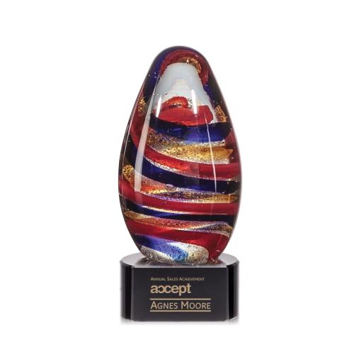 Awards and Plaques - Glass Trophies - Art Glass Trophies - Stallings on Half Round Base Black Tear Drop Glass Trophy