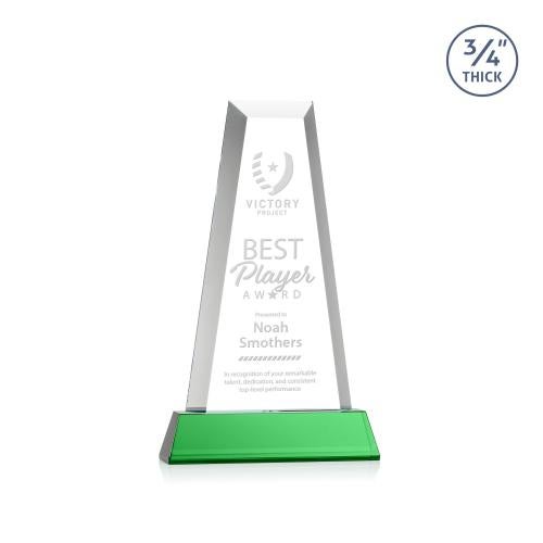 Awards and Plaques - Crystal Trophies - Barrios Tower on Helton Base - Green