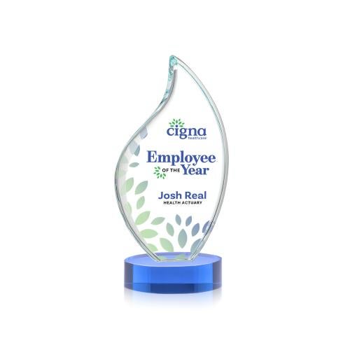 Awards and Plaques - Crystal Trophies - Teague Full Color on Alberton Base Sky Blue Flame Crystal Trophy