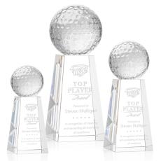Golf Ball Globe on Tall Base Crystal Trophy - Crystal Golf Trophies