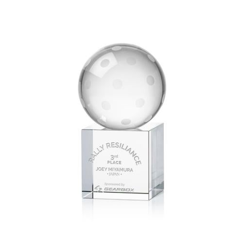 Awards and Plaques - Crystal Trophies - Pickleball Globe on Square Base Crystal Trophy