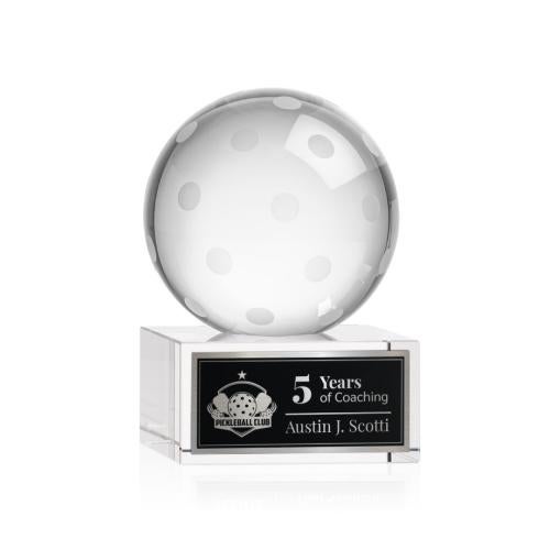 Awards and Plaques - Crystal Trophies - Pickleball Globe on Plated Base Crystal Trophy