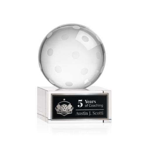 Awards and Plaques - Crystal Trophies - Pickleball Globe on Plated Base Crystal Trophy