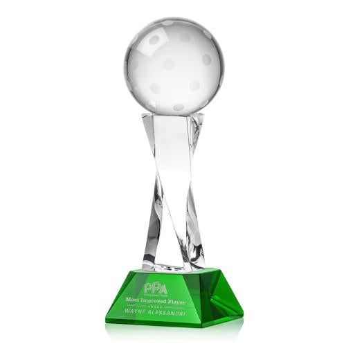 Awards and Plaques - Crystal Trophies - Pickleball on Spirale Spire Base Green Globe Crystal Trophy