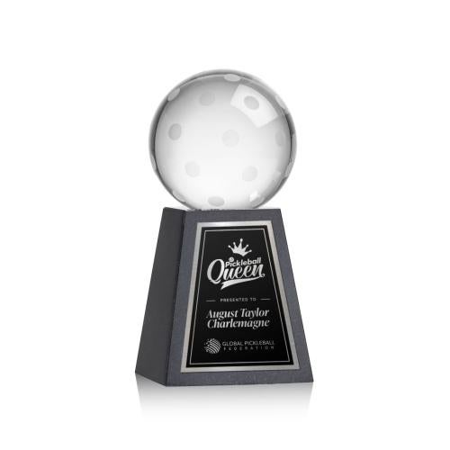Awards and Plaques - Crystal Trophies - Pickleball Globe on Tall Marble Base Crystal Trophy