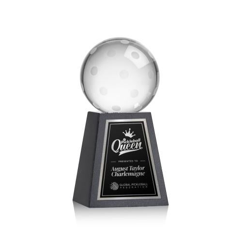 Awards and Plaques - Crystal Trophies - Pickleball Globe on Tall Marble Base Crystal Trophy