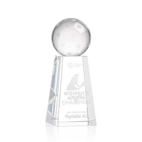 Awards and Plaques - Crystal Trophies - Pickleball Globe on Tall Base Crystal Trophy
