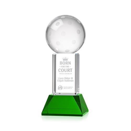 Awards and Plaques - Crystal Trophies - Pickleball on Tower Base Green Globe Crystal Trophy