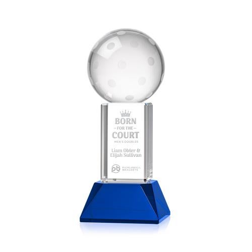 Awards and Plaques - Crystal Trophies - Pickleball on Tower Base Blue Globe Crystal Trophy