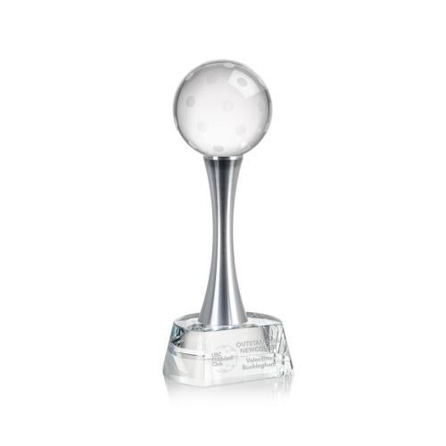 Awards and Plaques - Crystal Trophies - Pickleball Globe on Metal Pedestal Base Crystal Trophy