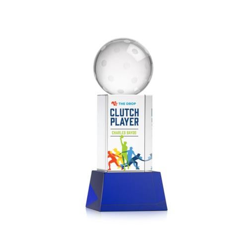 Awards and Plaques - Crystal Trophies - Pickleball Full Color on Belcroft Base Blue Globe Crystal Trophy