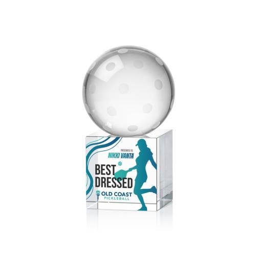 Awards and Plaques - Crystal Trophies - Pickleball Full Color Globe on Square Base Crystal Trophy