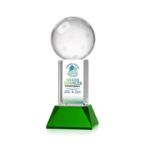 Awards and Plaques - Crystal Trophies - Pickleball Full Color on Tower Base Green Globe Crystal Trophy