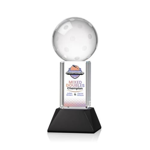 Awards and Plaques - Crystal Trophies - Pickleball Full Color on Tower Base Black Globe Crystal Trophy