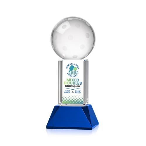 Awards and Plaques - Crystal Trophies - Pickleball Full Color on Tower Base Blue Globe Crystal Trophy