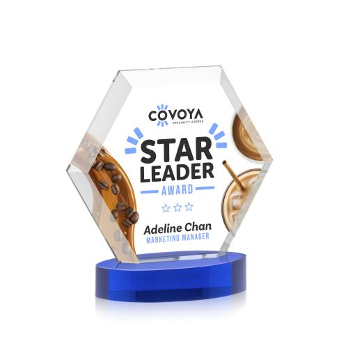 Awards and Plaques - Crystal Trophies - Santos Full Color on Alberton Base Blue Polygon Crystal Trophy