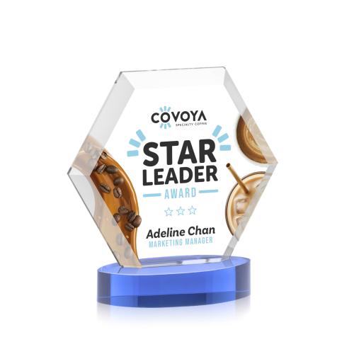 Awards and Plaques - Crystal Trophies - Santos Full Color on Alberton Base Sky Blue Polygon Crystal Trophy