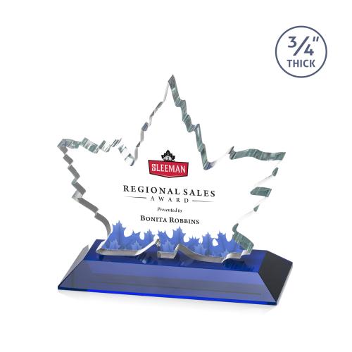 Awards and Plaques - Crystal Trophies - Sargent Leaf Full Color Blue Unique Crystal Trophy