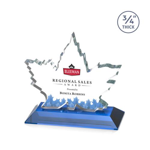 Awards and Plaques - Crystal Trophies - Sargent Leaf Full Color Sky Blue Unique Crystal Trophy