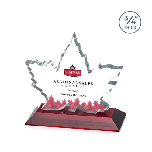 Awards and Plaques - Crystal Trophies - Sargent Leaf Full Color Red Unique Crystal Trophy
