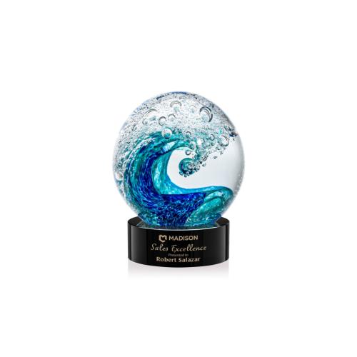 Awards and Plaques - Glass Trophies - Art Glass Trophies - Ocean Wave on Lockwood Base Black Globe Glass Trophy