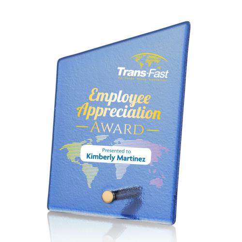 Awards and Plaques - Glass Trophies - Nieves Blue Slant Full Color Gold Peaks Glass Trophy