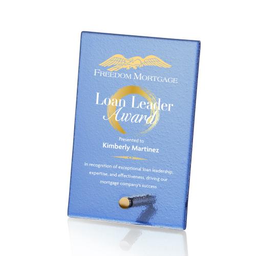 Awards and Plaques - Glass Trophies - Nieves Blue Full Color Gold Rectangle Glass Trophy