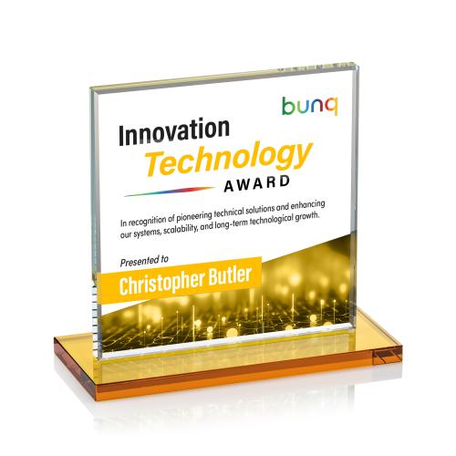 Awards and Plaques - Crystal Trophies - Bower Full Color Amber Square / Cube Crystal Trophy