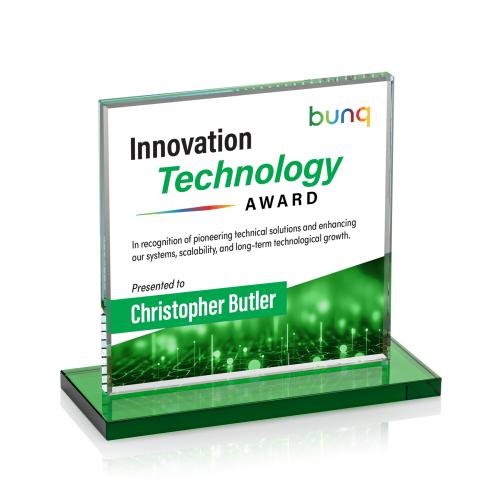 Awards and Plaques - Crystal Trophies - Bower Full Color Green Square / Cube Crystal Trophy